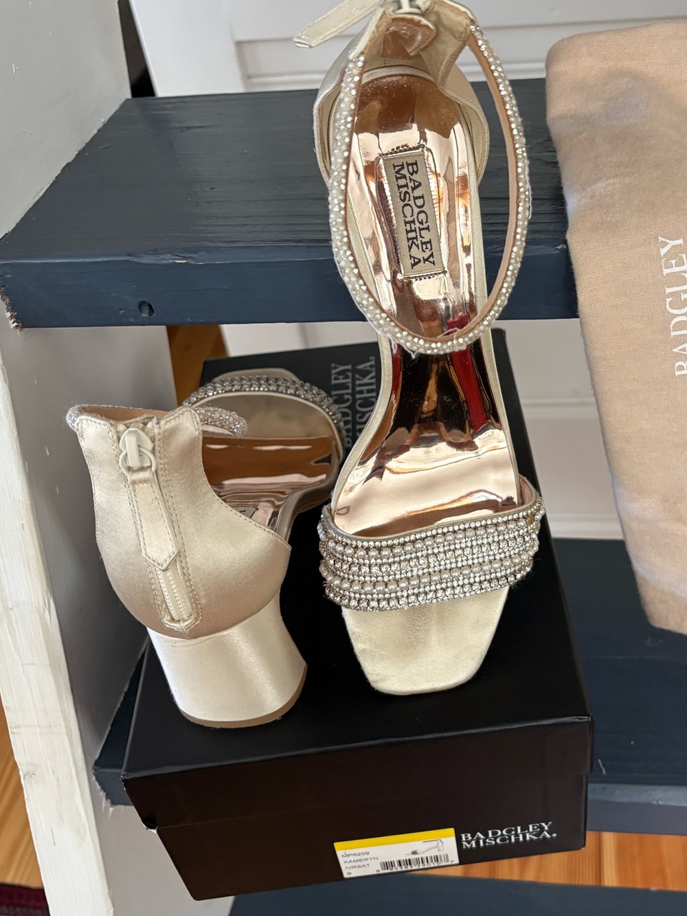 Badgley Mischka Champagne Satin Block-Heel Sandals with Crystal Straps